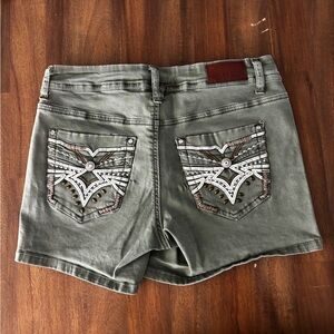 Hydraulic Distressed and Embellished Cutoff Ripped Green Lightwash Jean Shorts
